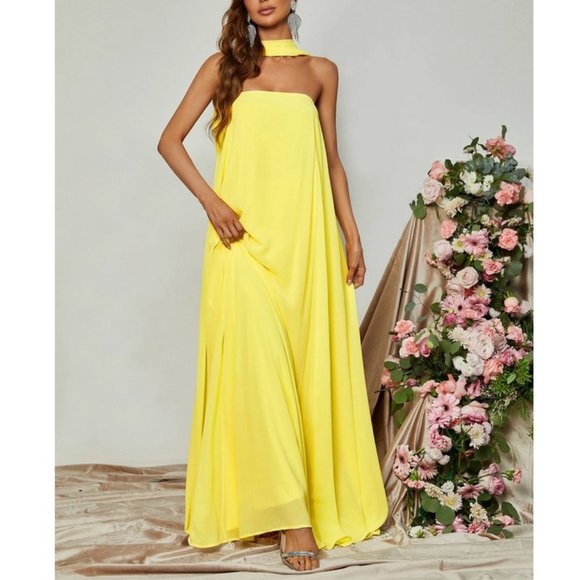 Choker Neck Backless Maxi Dress Yellow FORMAL PROM WEDDING DATE VACATION - Picture 5 of 7